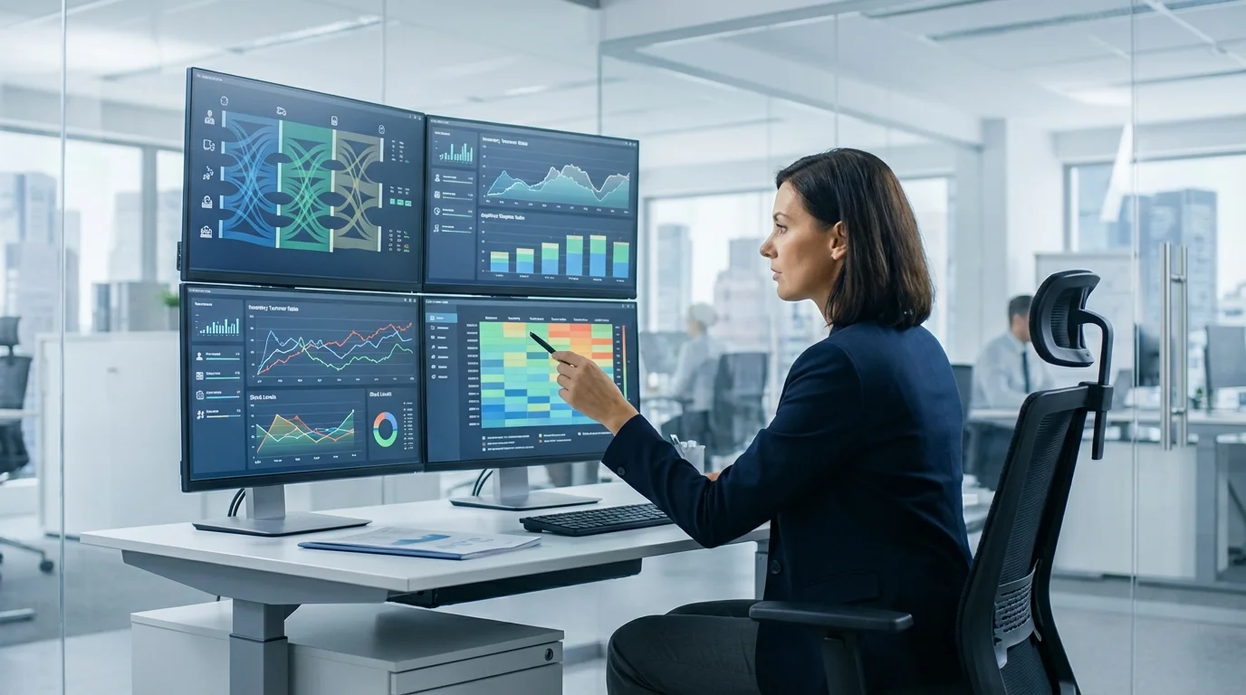 A professional data analyst examining a complex stock level chart on a multi-monitor setup, focusing on supply chain logistics and inventory turnover metrics for e-commerce.