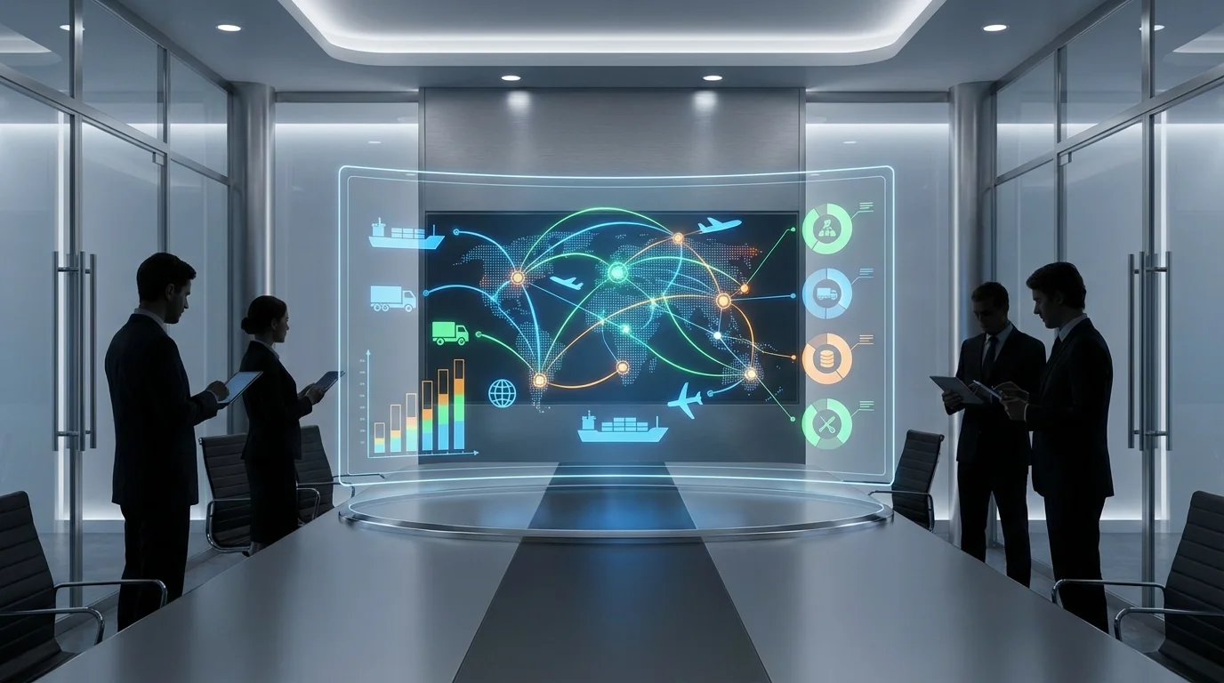 A high-tech digital interface displaying complex supply chain management data, inventory levels, and global shipping routes on a futuristic screen, emphasizing efficiency and data-driven decision making in a professional business environment.