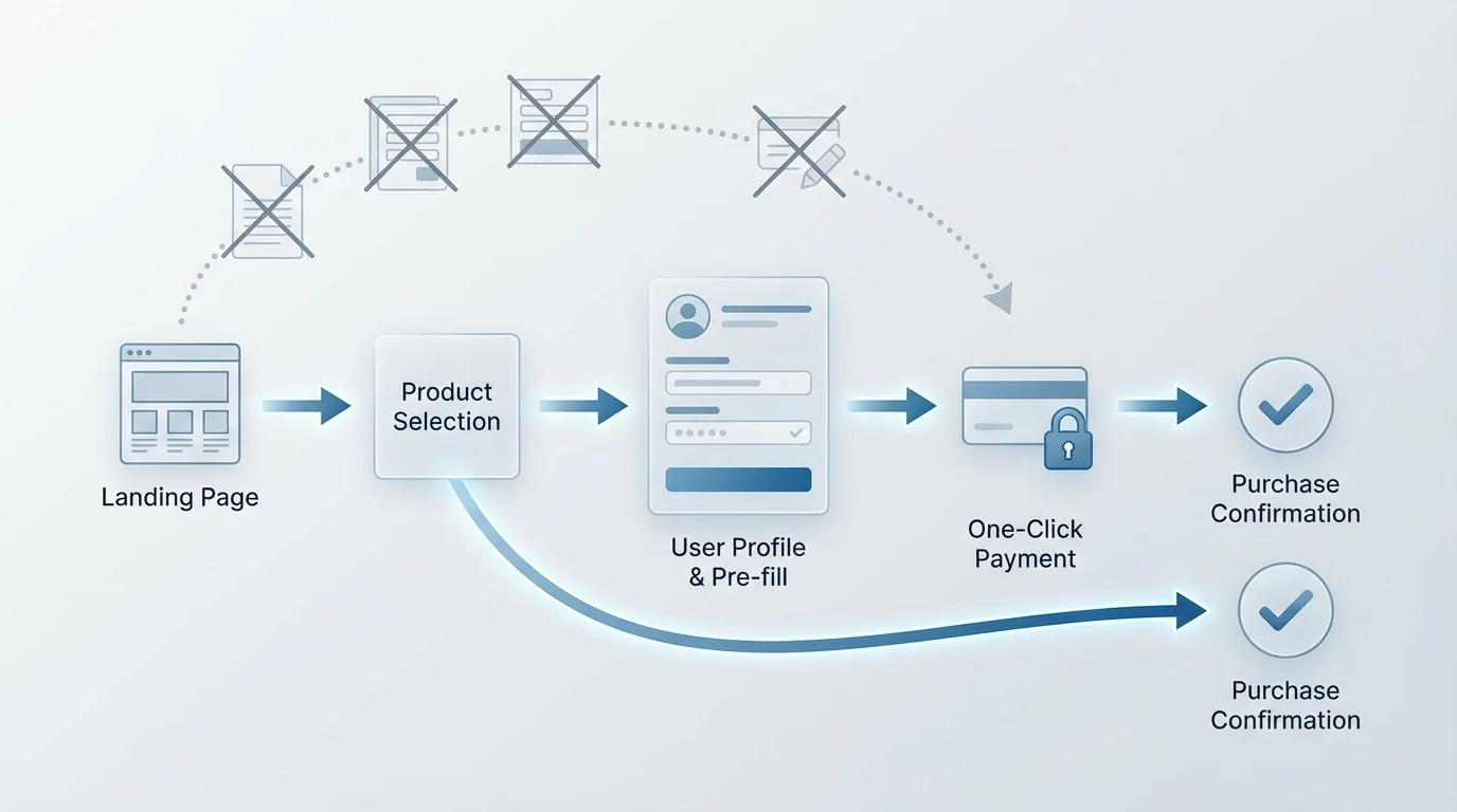 A technical diagram illustrating the user journey from landing page to checkout, highlighting the reduction of friction points through pre-filled account information and one-click payment integration in an e-commerce environment.
