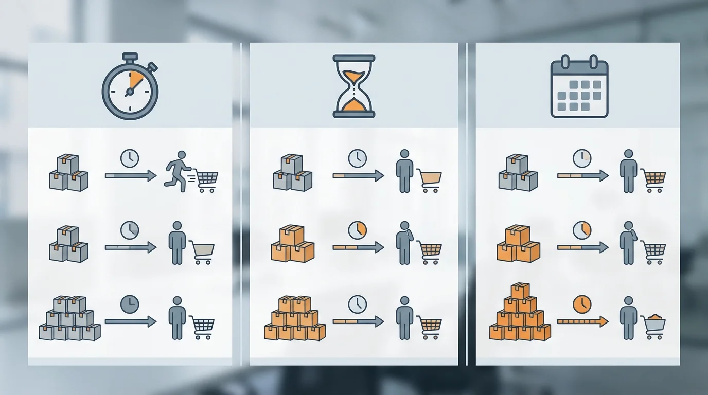 A professional business infographic comparing different Amazon sale types, highlighting time constraints, inventory limits, and consumer behavior patterns for EC account managers.