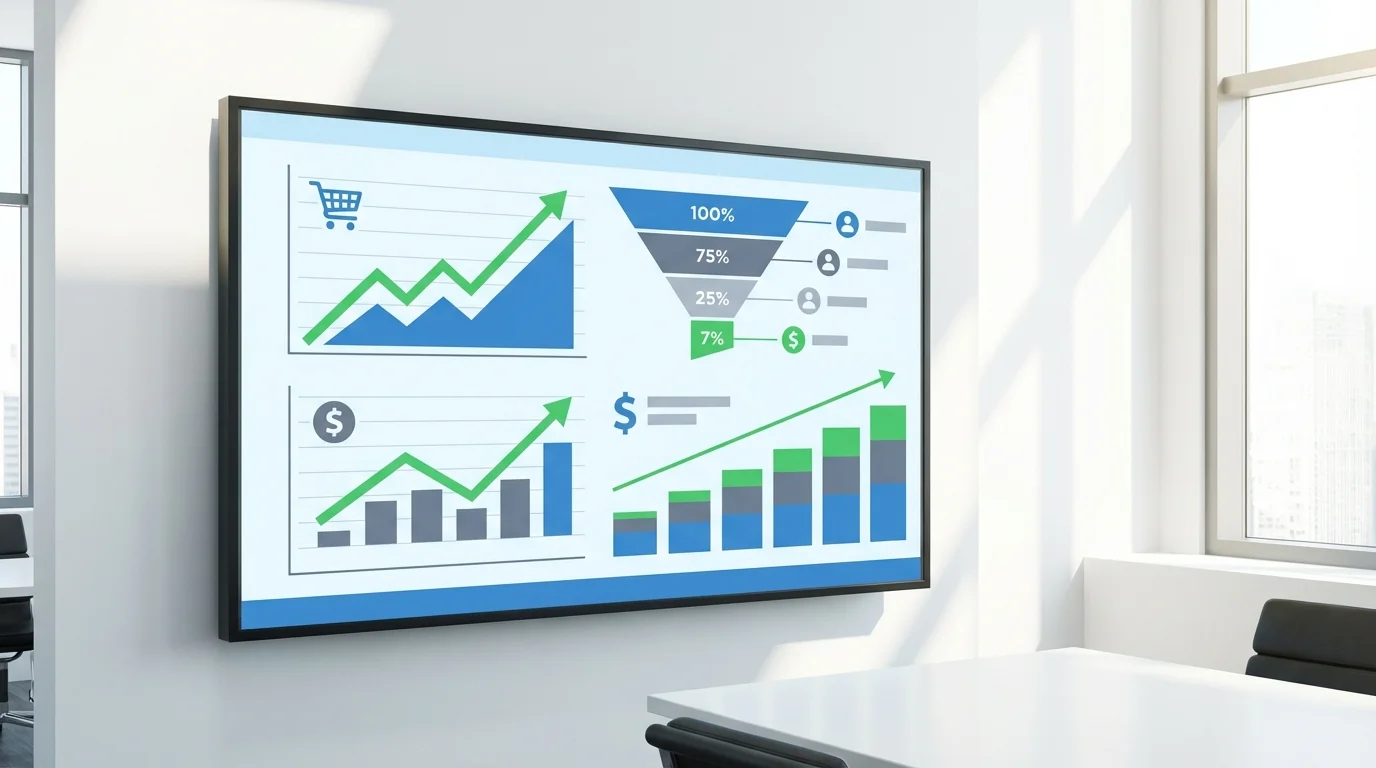 A detailed business dashboard showing e-commerce analytics, customer retention rates, and lifetime value metrics with upward trending graphs and data visualization tools, representing strategic growth analysis.