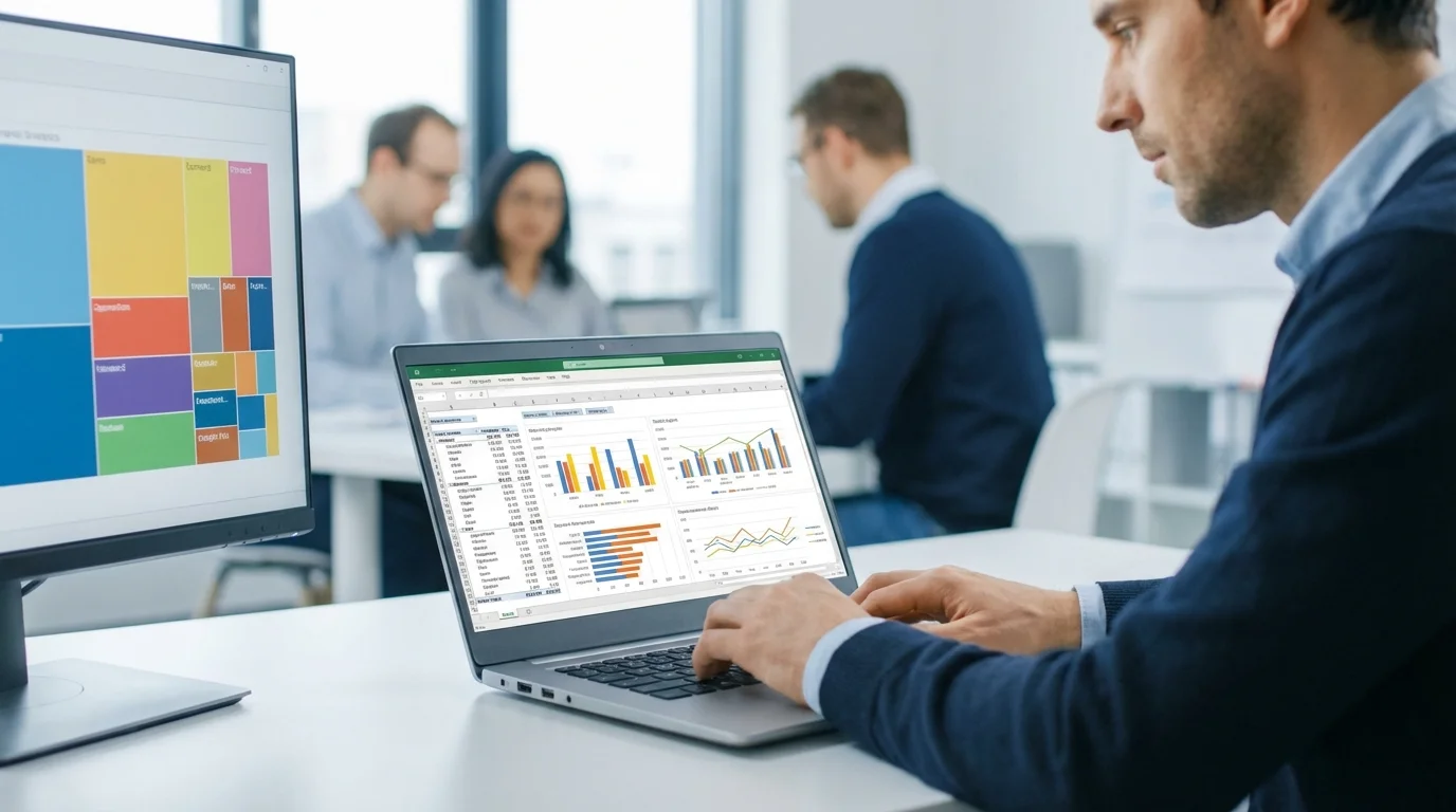 Professional data analyst working on a laptop with complex spreadsheets and business intelligence software, focusing on customer cohort analysis and churn rate reduction strategies for digital marketing.