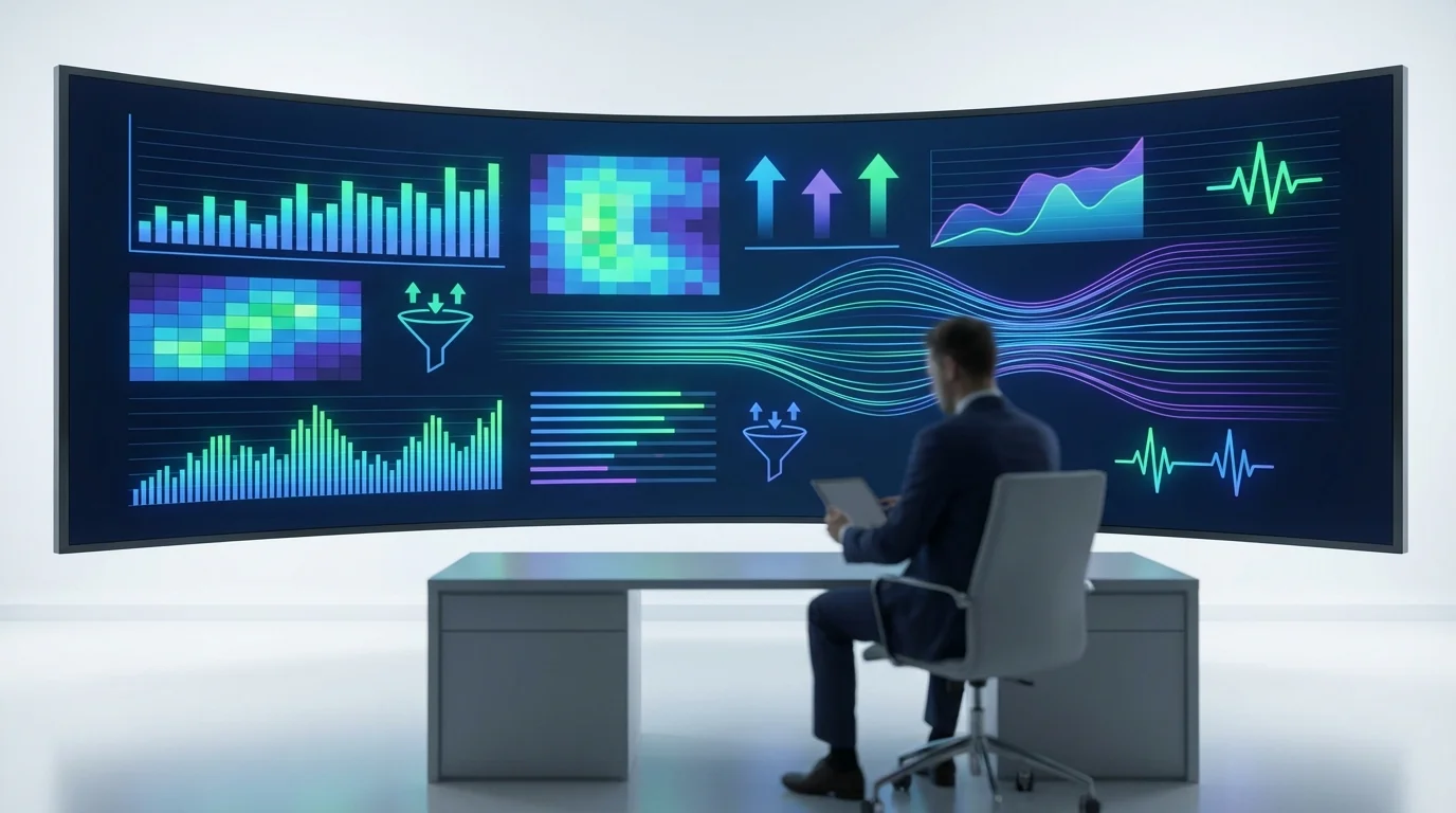 An analytical dashboard showing real-time e-commerce metrics including conversion rates, traffic spikes, and sales growth during a major promotional period, professional and high-tech.