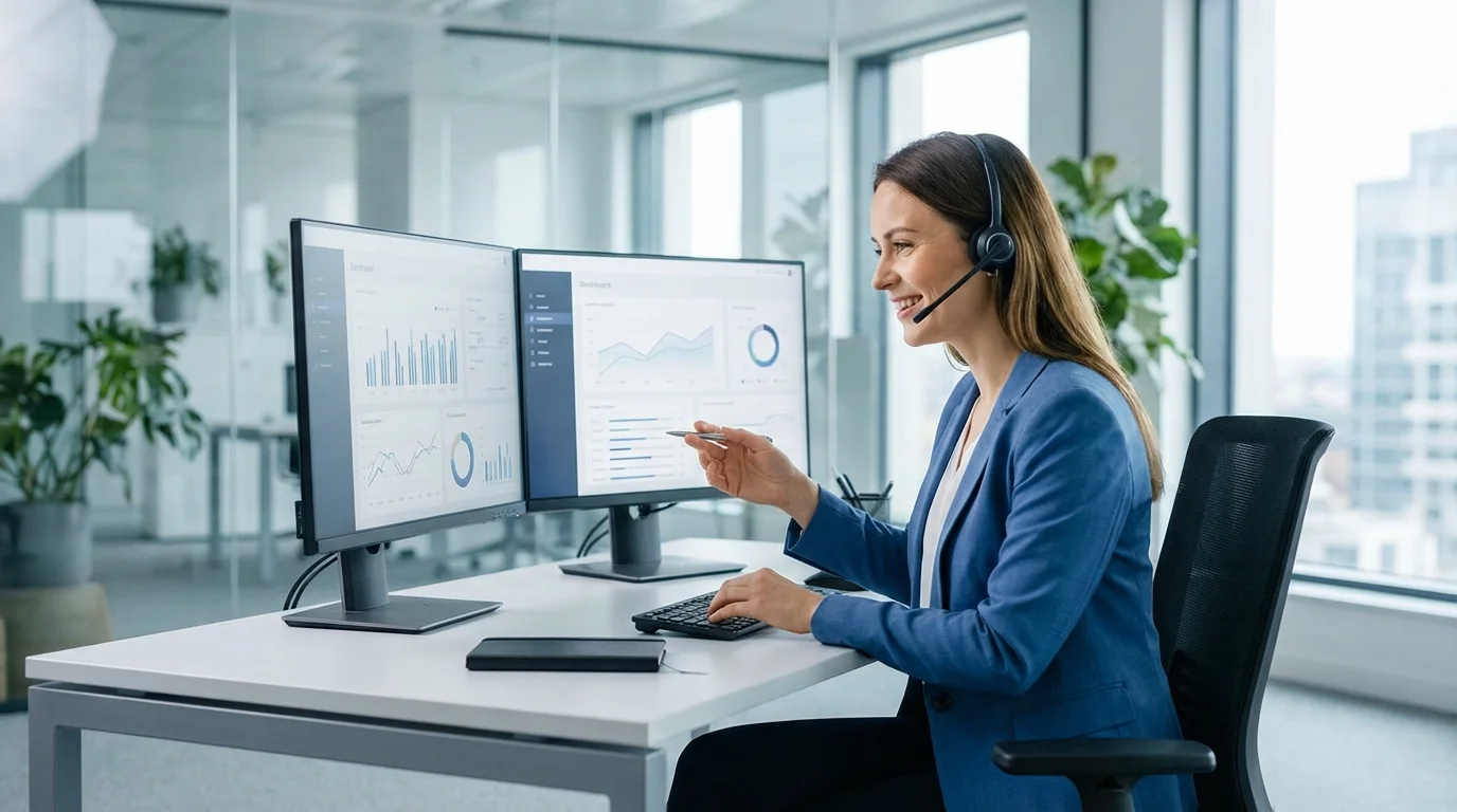 A customer service representative interacting with a digital CRM platform, focused on building long-term relationships and maximizing customer lifetime value through data-driven insights.