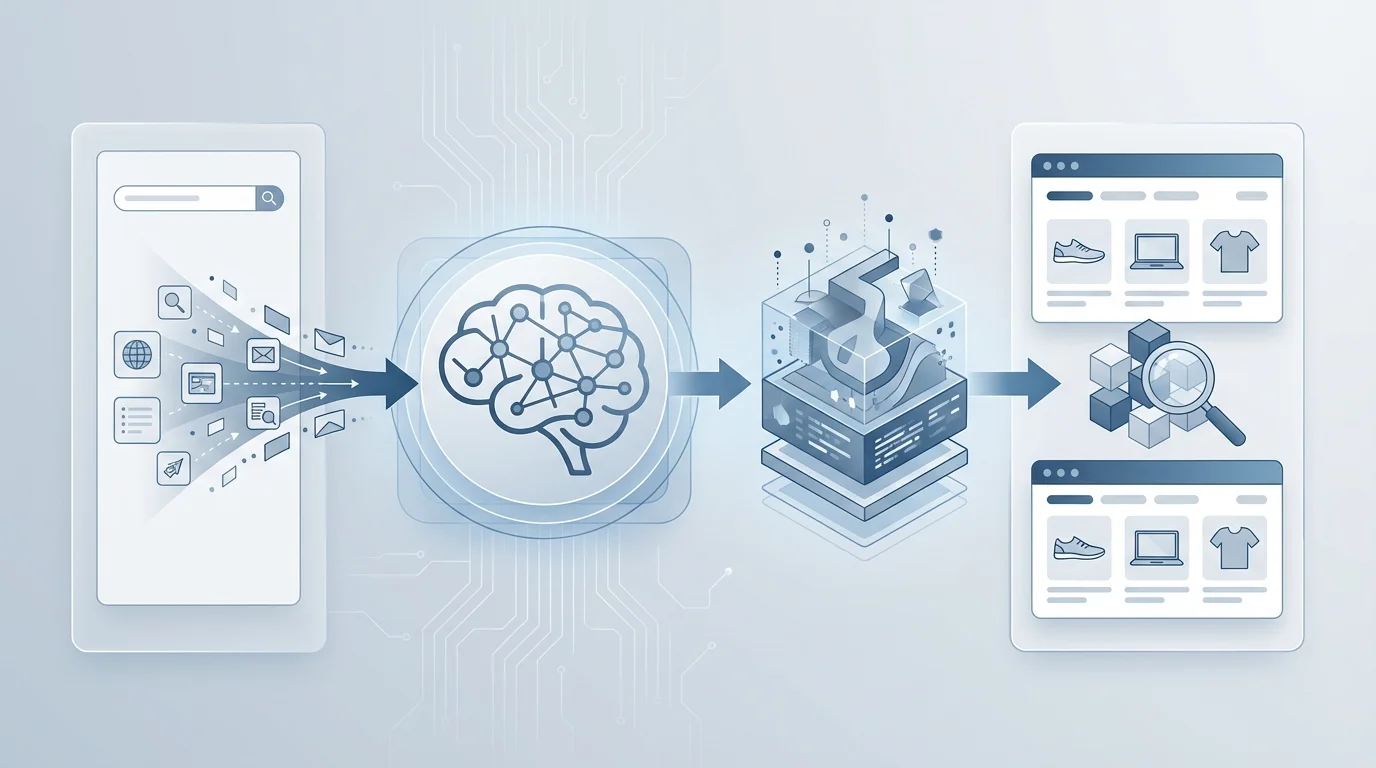 A technical diagram illustrating how Large Language Models process e-commerce queries, converting natural language into vector embeddings to match multi-dimensional product attributes with high precision.