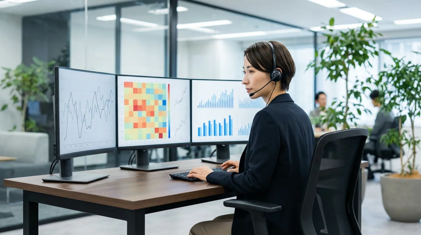 A professional data analyst reviewing complex e-commerce performance metrics on multiple screens, showing graphs of user behavior and product search patterns in a modern office setting.