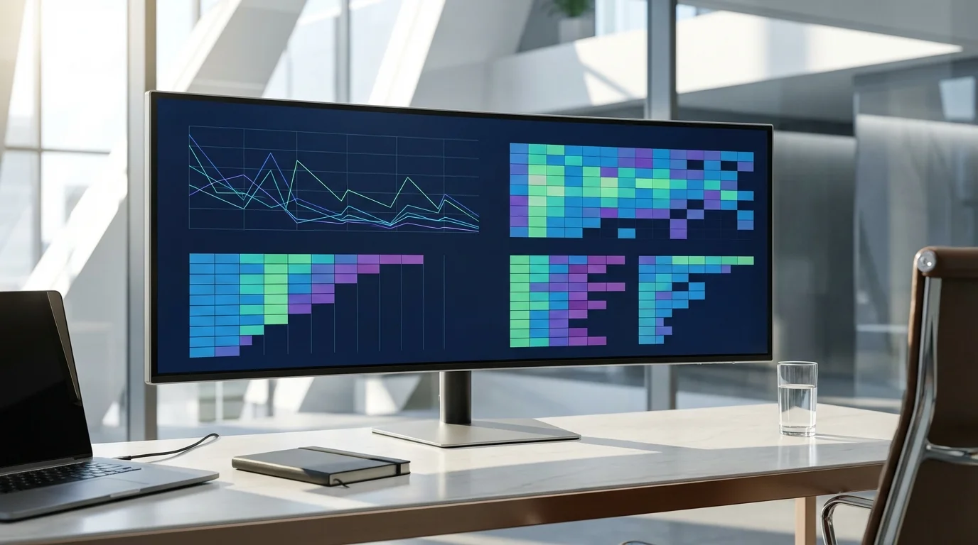 A professional analytics dashboard displayed on a high-resolution screen in a modern workspace, showcasing complex line charts and heatmaps representing user retention and engagement patterns for digital media.