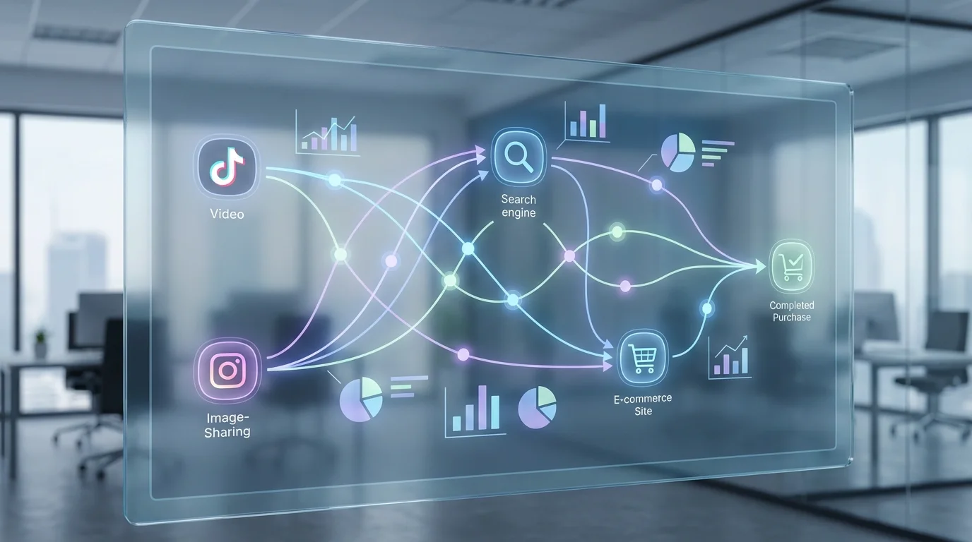 A high-tech visualization of a customer journey map showing multiple touchpoints across different social media platforms leading to an e-commerce transaction, emphasizing indirect contribution paths and data analytics.
