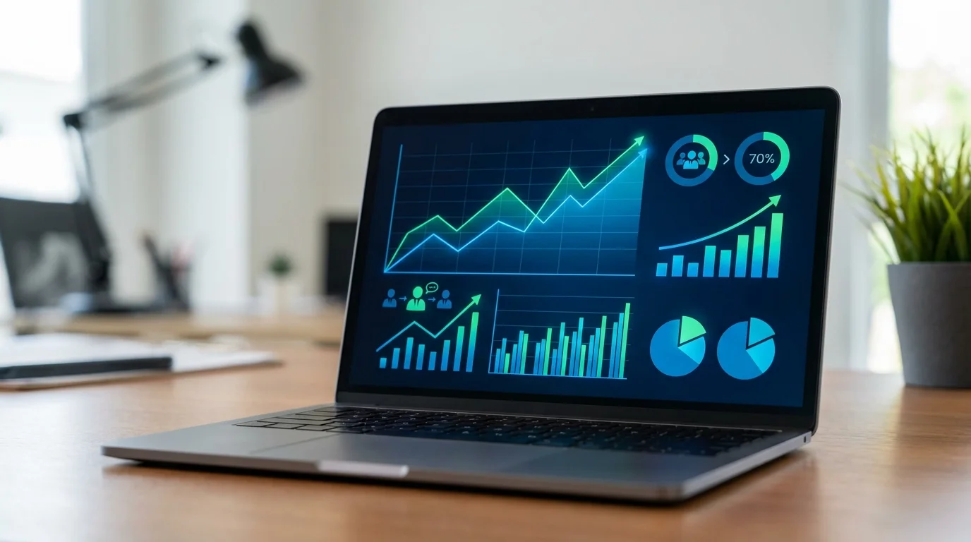 A detailed data analysis dashboard showing conversion rates and customer interaction metrics on a laptop screen, representing the business growth and efficiency gained through the implementation of automated customer service tools in e-commerce.