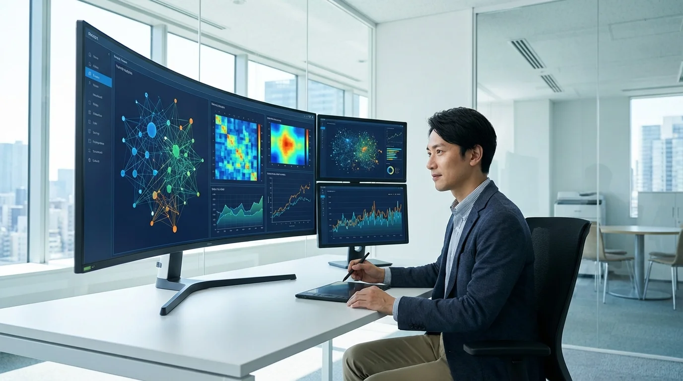 A high-tech workspace showing data analytics on multiple screens, illustrating the intersection of organizational strategy and consumer behavior data. Professional, clean, and focused on strategic growth.