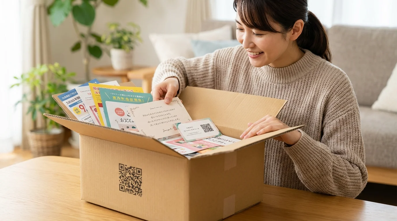 A detailed close-up of a high-quality shipping package containing a QR code card and personalized greeting, illustrating the physical touchpoint strategy for migrating customers to a direct-to-consumer channel.