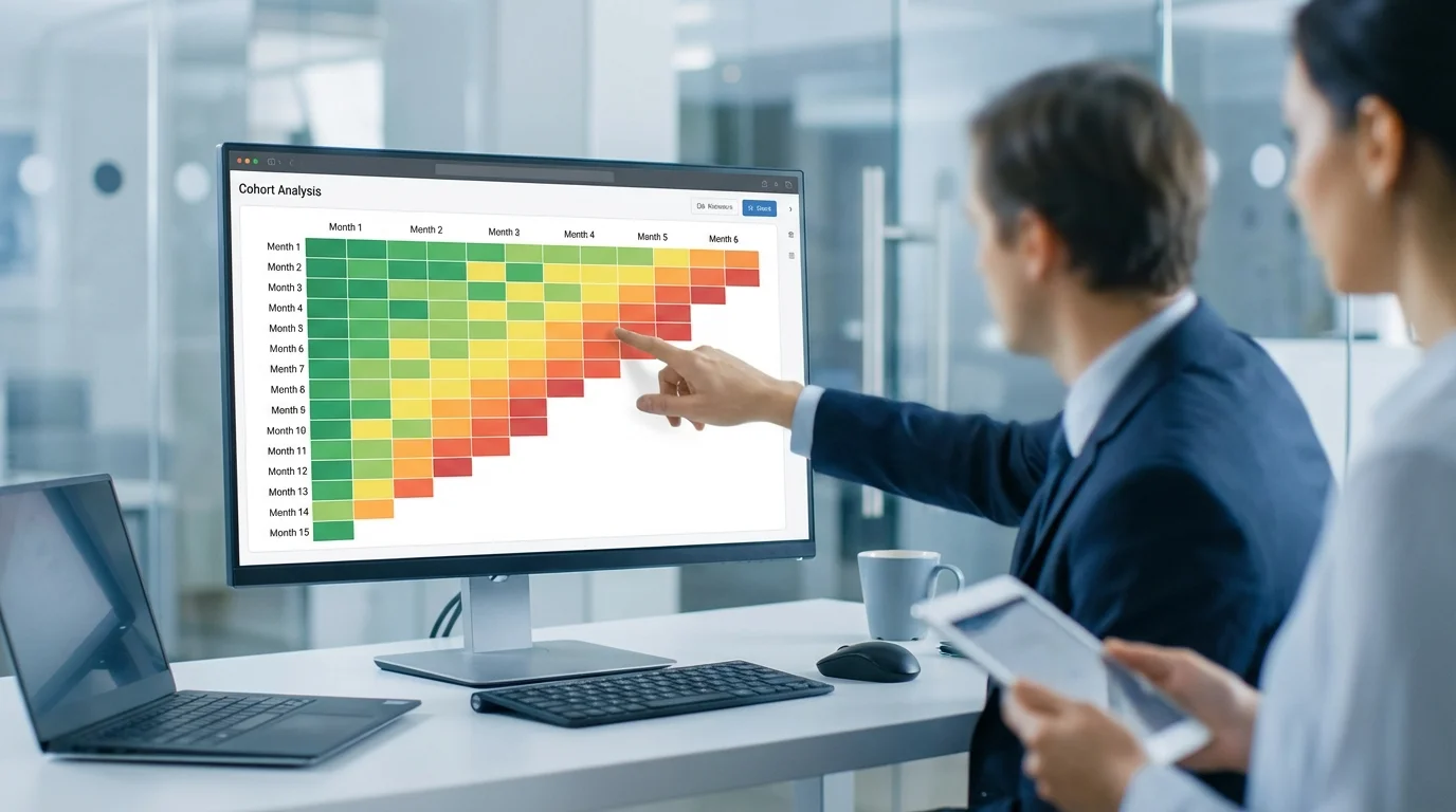 Detailed financial analytics showing a multi-colored cohort table where customer groups are tracked month-over-month to visualize retention decay and expansion revenue opportunities. No text, logos, or brand marks.