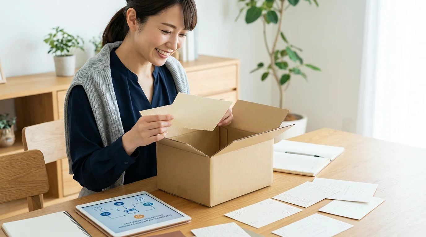 A professional designer reviewing a high-end tactile paper sample for a premium welcome card, focusing on physical texture and digital strategies for customer loyalty.
