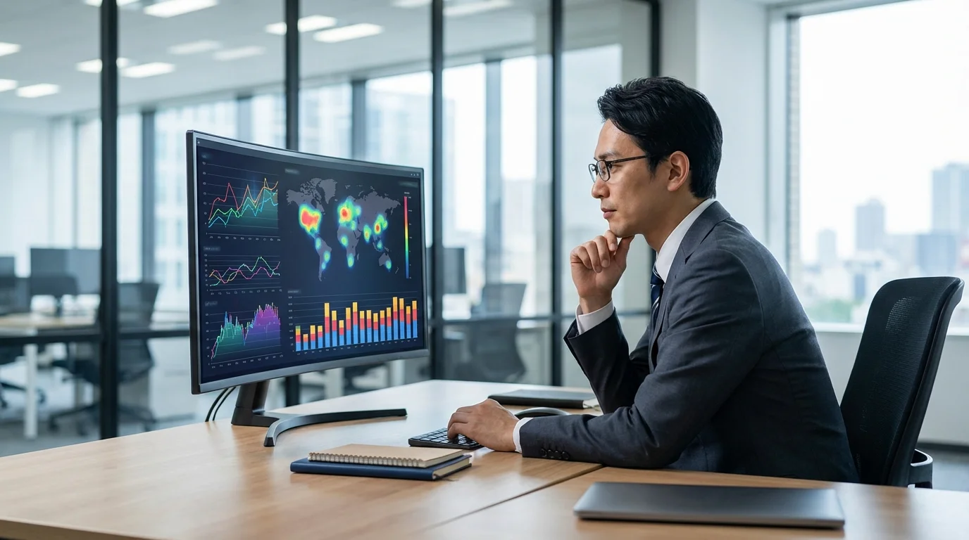 Detailed data visualization on a high-tech screen showing global market trends, consumer behavior heatmaps, and multi-channel marketing performance metrics. Clean, professional business scenery. No text or logos.