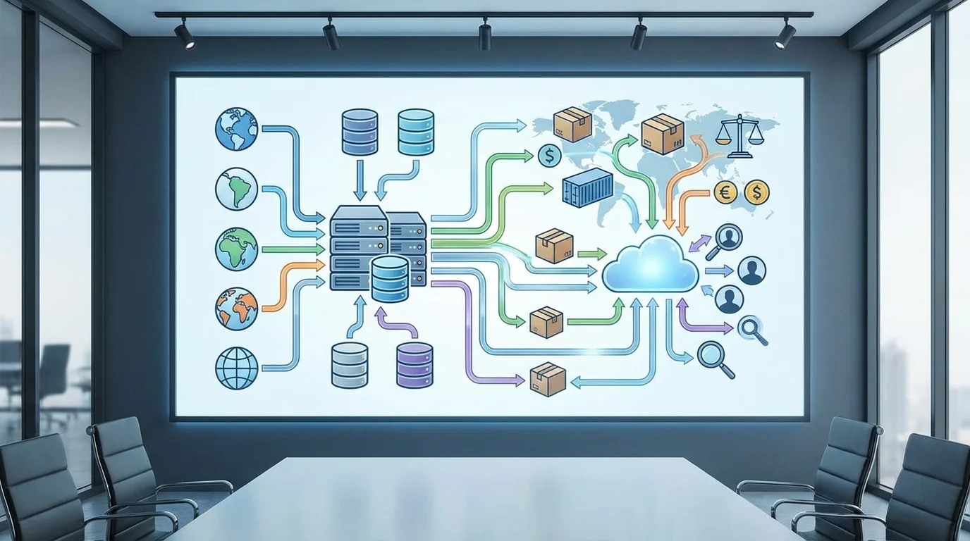 A detailed technical diagram illustrating the framework of brand governance in cross-border e-commerce, showing the flow of brand assets, pricing consistency across regions, and centralized customer data management systems without any text.