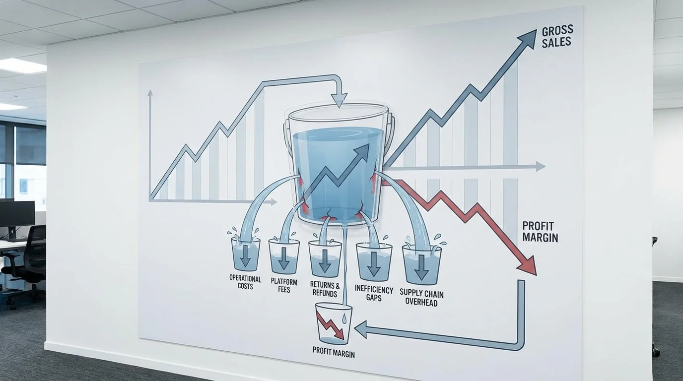A detailed data visualization dashboard showing declining profit margins despite increasing gross sales, illustrating the hidden costs and efficiency gaps in a high-dependency marketplace environment.