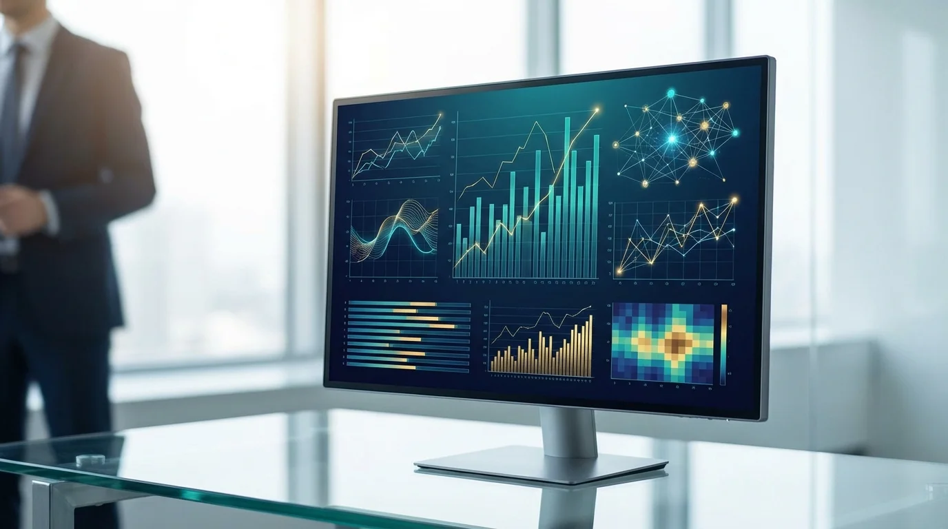 High-tech data visualization showing analytical engagement metrics and growth performance tracking on a screen.