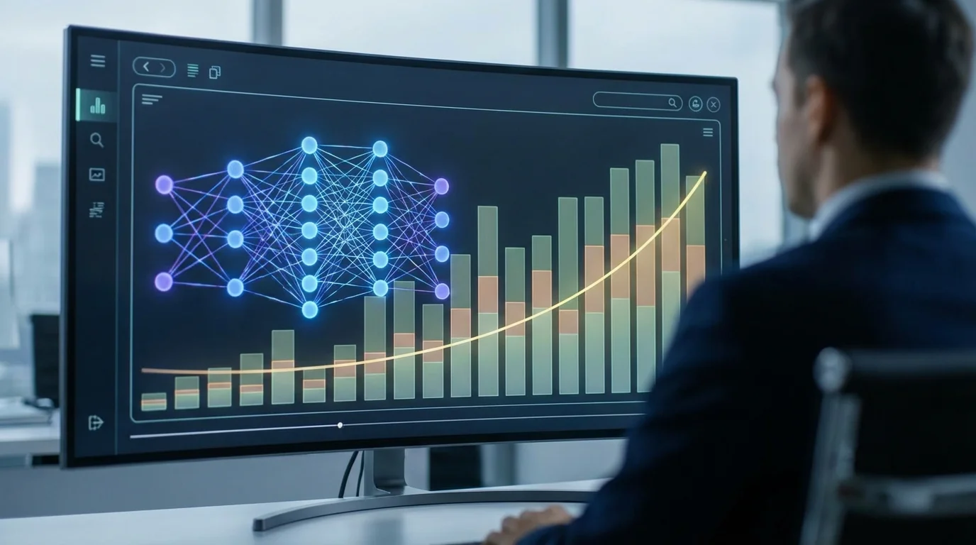 Data visualization screen showing complex neural network layers merging with historical sales bar charts and predictive line graphs for advanced business intelligence analysis.