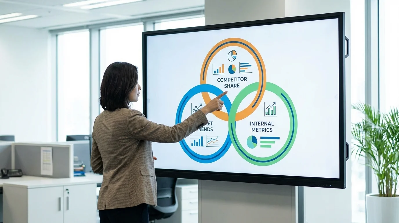A professional data analyst pointing at a screen displaying a 3C analysis framework with detailed charts showing market trends, competitor market share, and internal company performance metrics in a bright corporate office.
