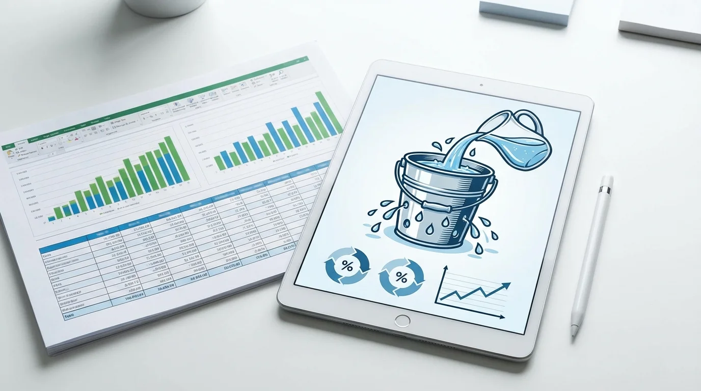 Detailed business analysis showing a financial spreadsheet and a digital tablet displaying marketing ROI calculations and customer segmentation data for an e-commerce platform strategy.