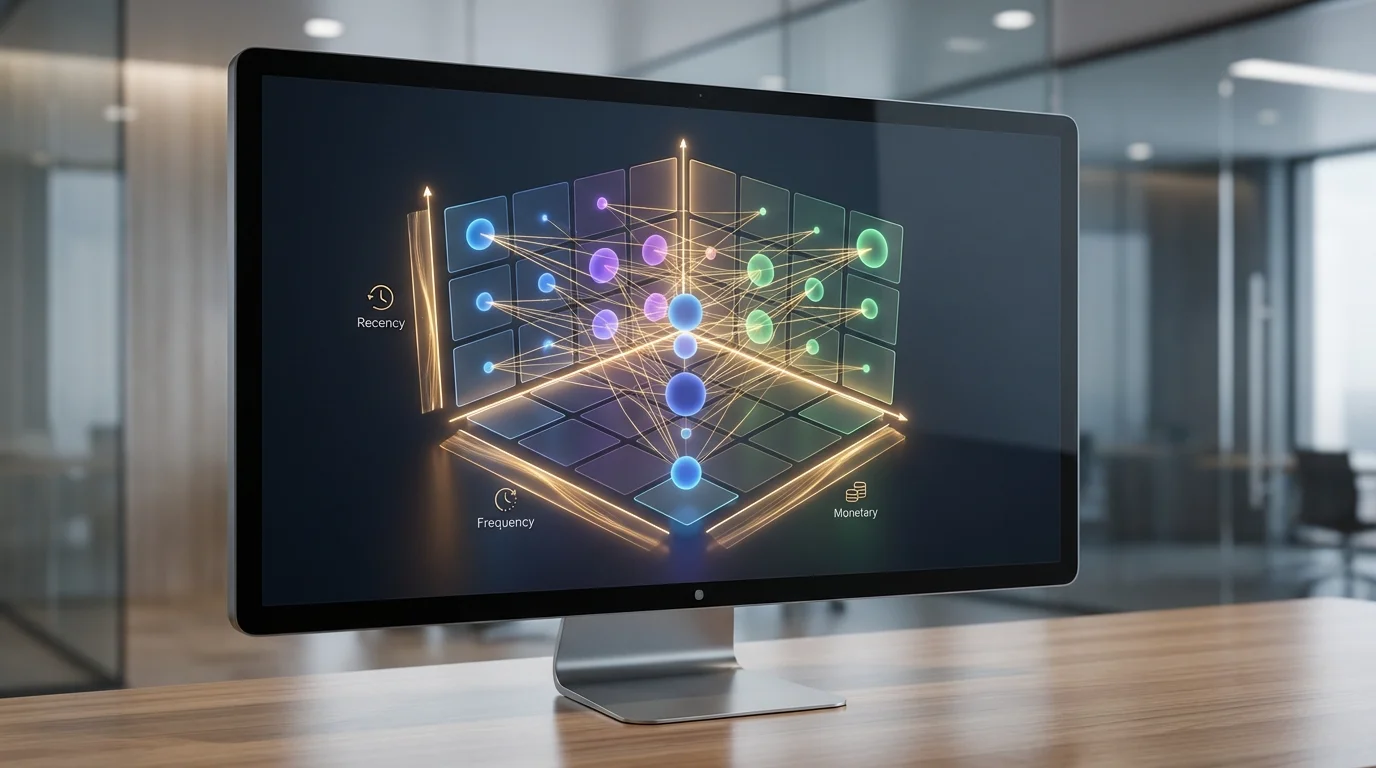 A detailed data visualization dashboard showing customer segmentation. Glowing nodes representing recency, frequency, and monetary metrics interconnected by golden threads of data flow. Professional business intelligence interface, no text.