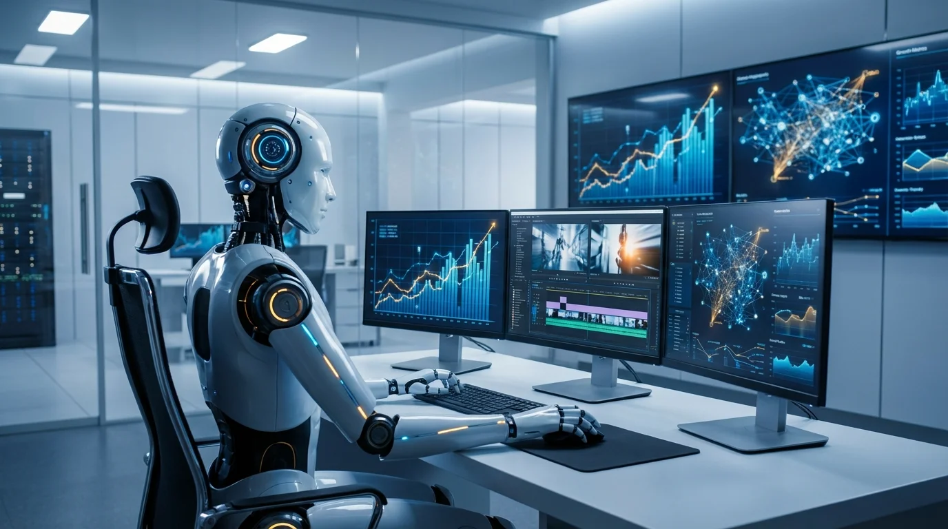A sophisticated data visualization dashboard showing abstract growth metrics and connectivity nodes, glowing blue and amber light, representing high-efficiency marketing performance and AI analytics, professional business technology environment, no text, no logos.