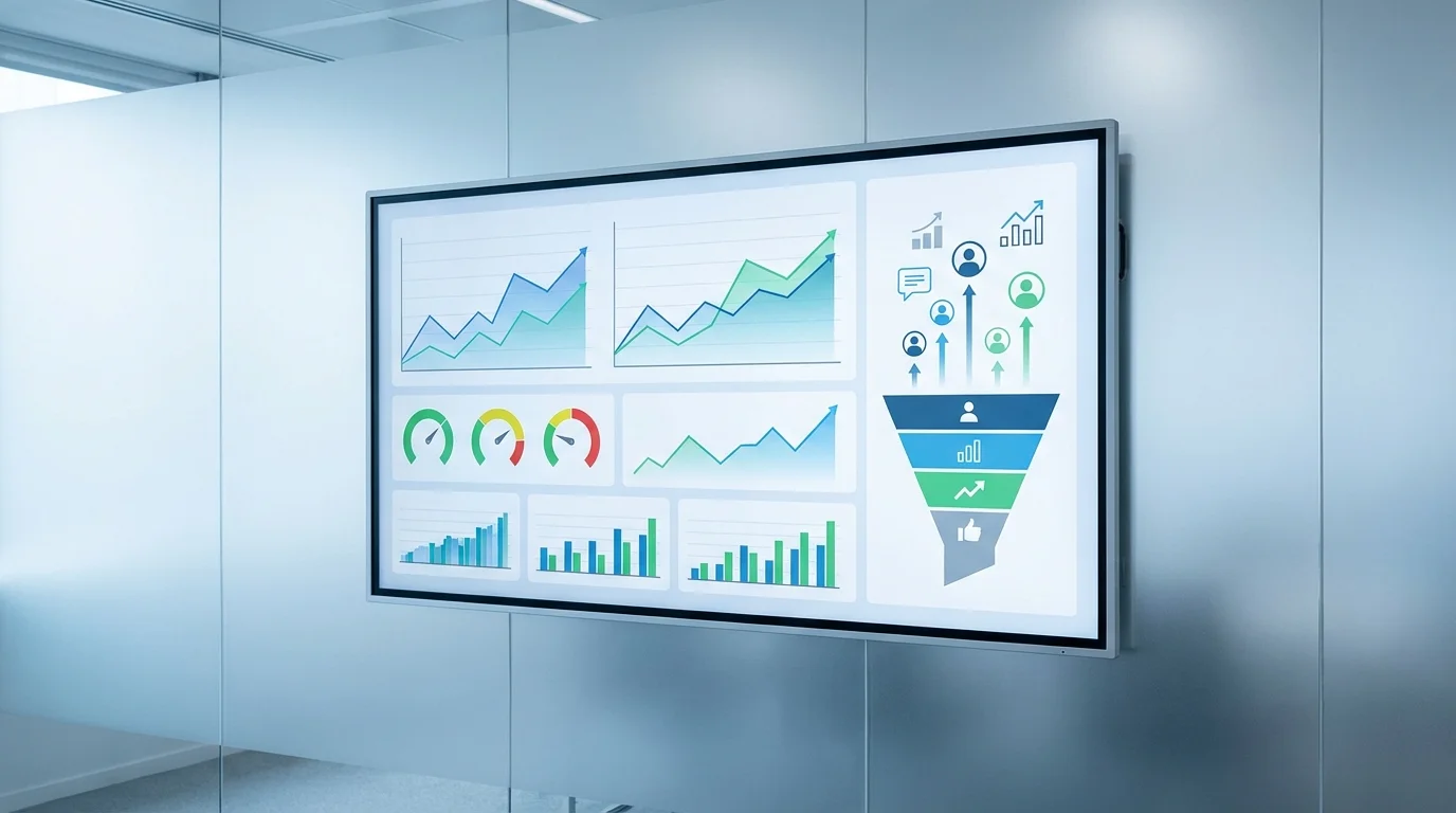 Detailed data analytics dashboard showing rising growth curves and sentiment analysis metrics representing the statistical impact of social proof on digital conversion funnels, no text, no logos.