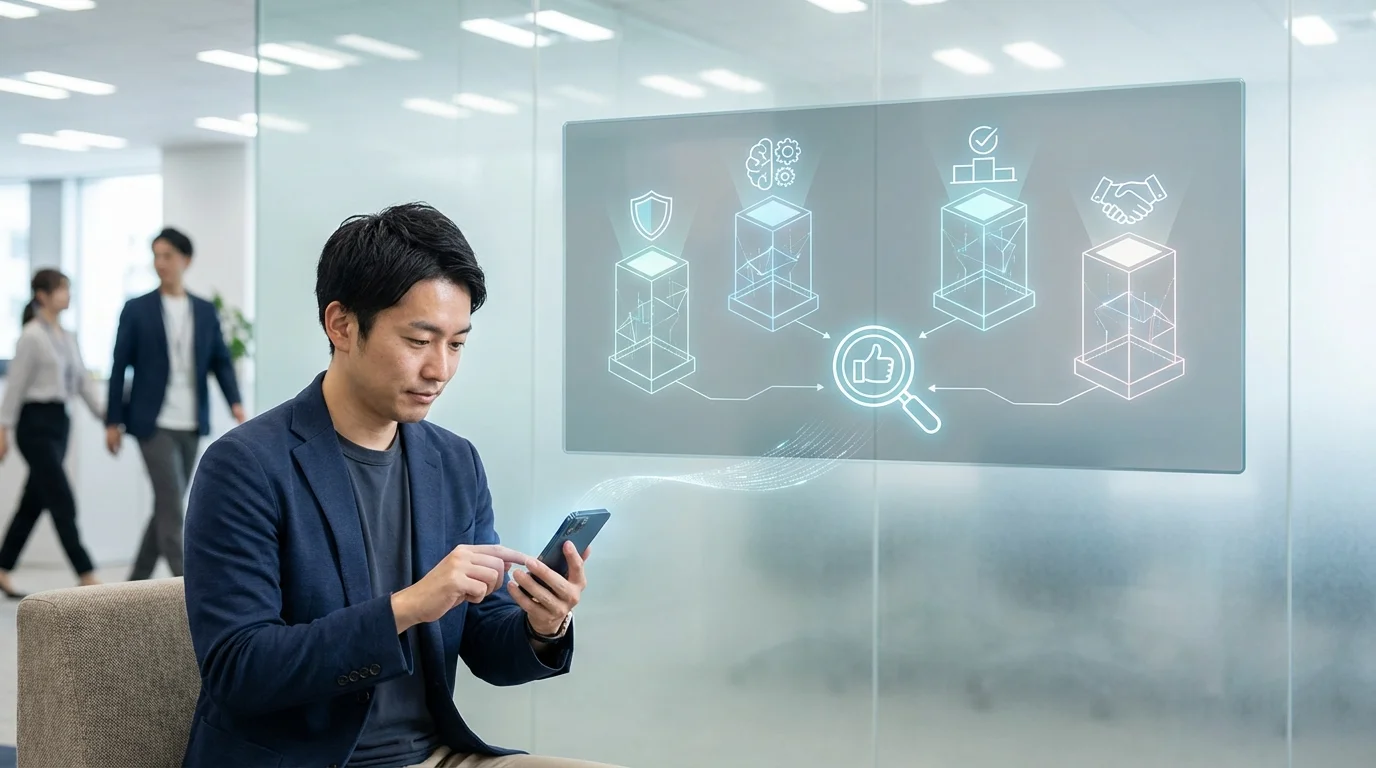An infographic showing the four pillars of Experience, Expertise, Authoritativeness, and Trustworthiness within a digital marketplace ecosystem, emphasizing the role of AI-verified user feedback.