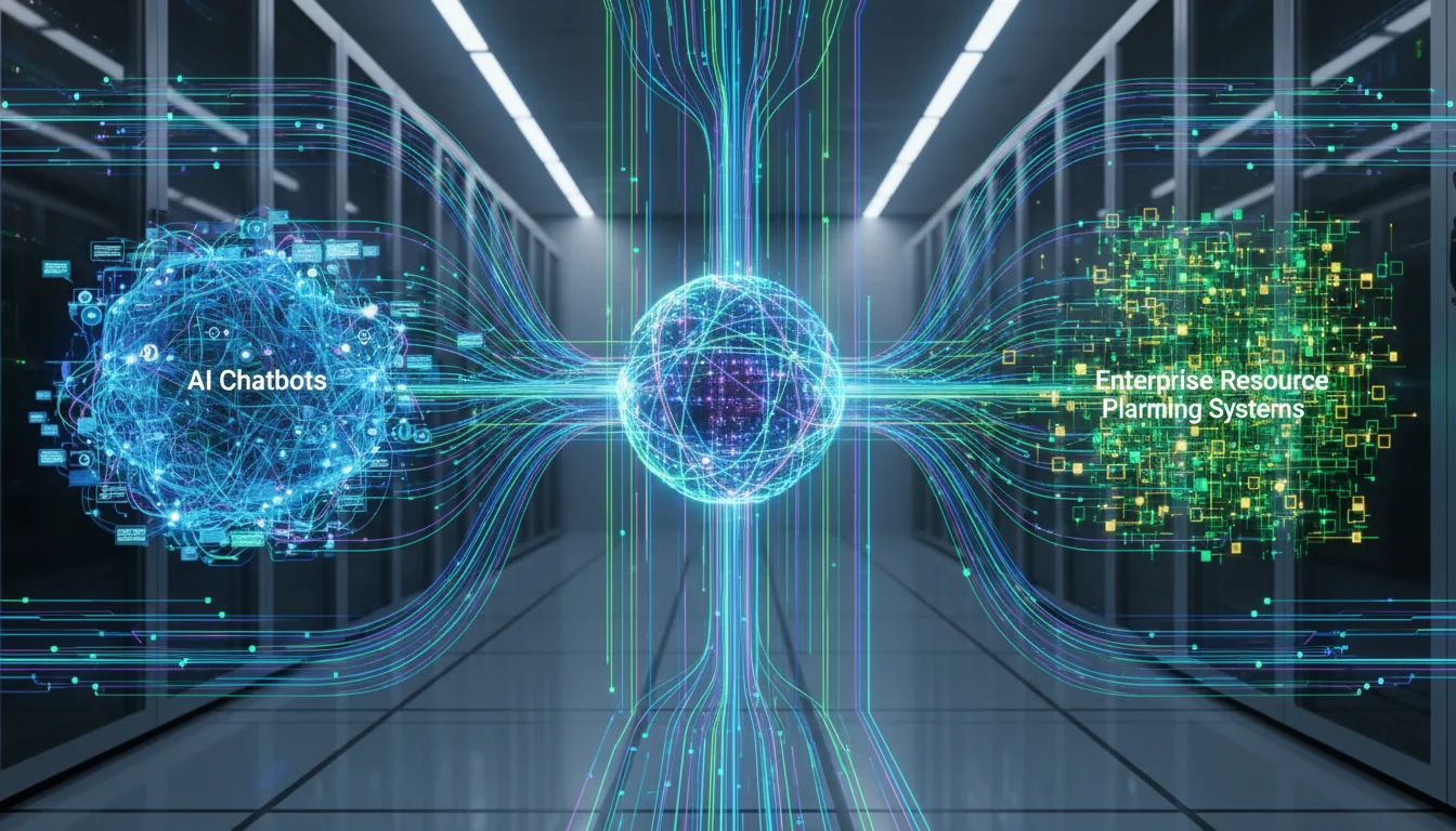 High-speed data processing visualization with glowing fiber optic lines representing seamless integration between AI chatbots and enterprise resource planning systems.