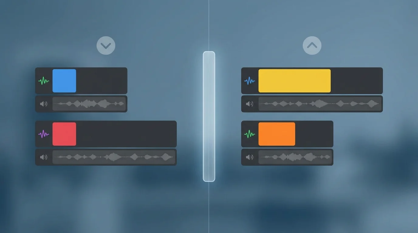 A split-screen visual representation of two different video editing timelines, illustrating a comparison of specific variables like hook text and background music to determine higher conversion rates, presented in a clean, technical style.