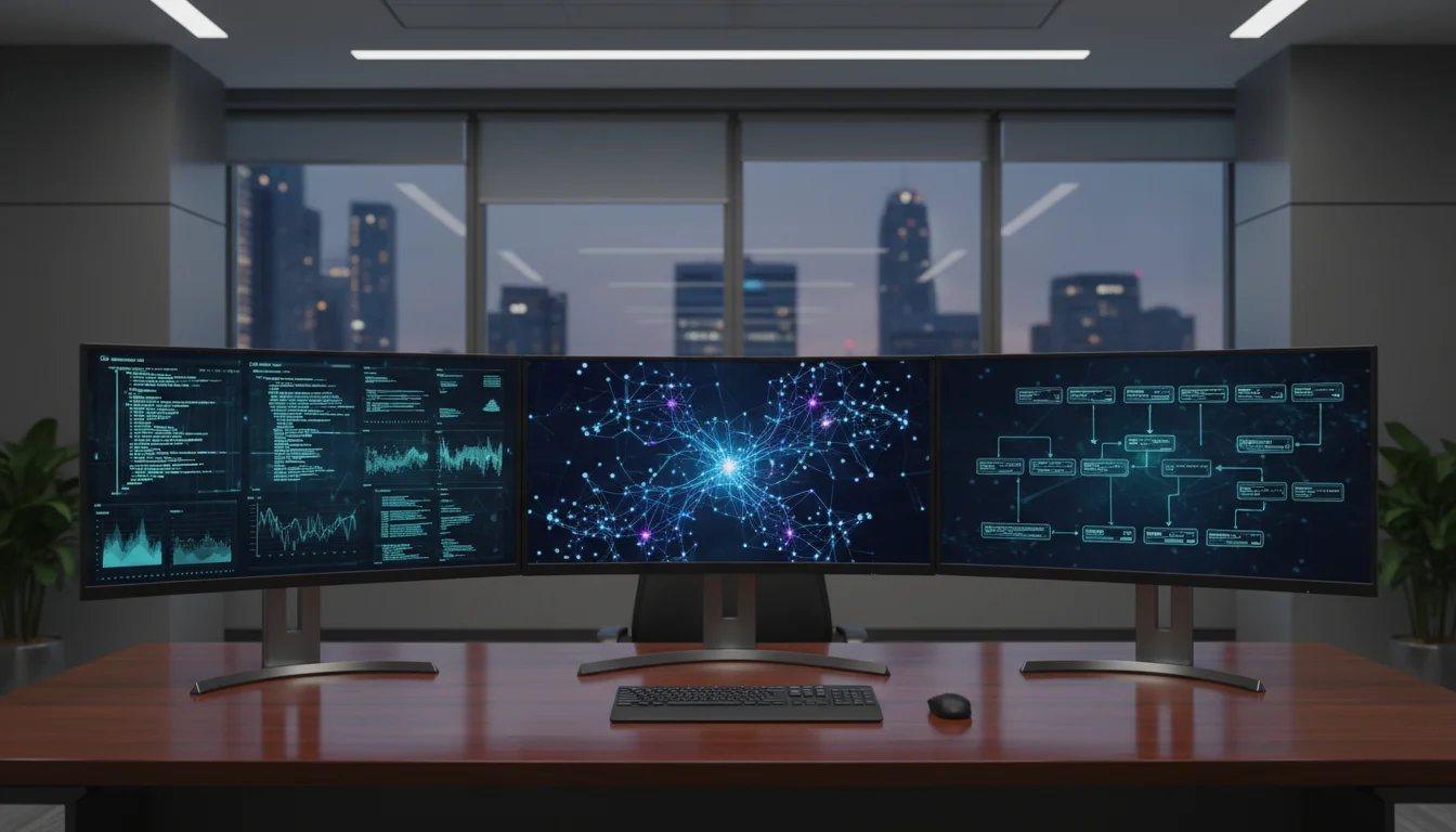 A professional workspace with multiple computer monitors displaying complex data structures and artificial intelligence neural network diagrams, illustrating the technical backend of modern AI communication systems.