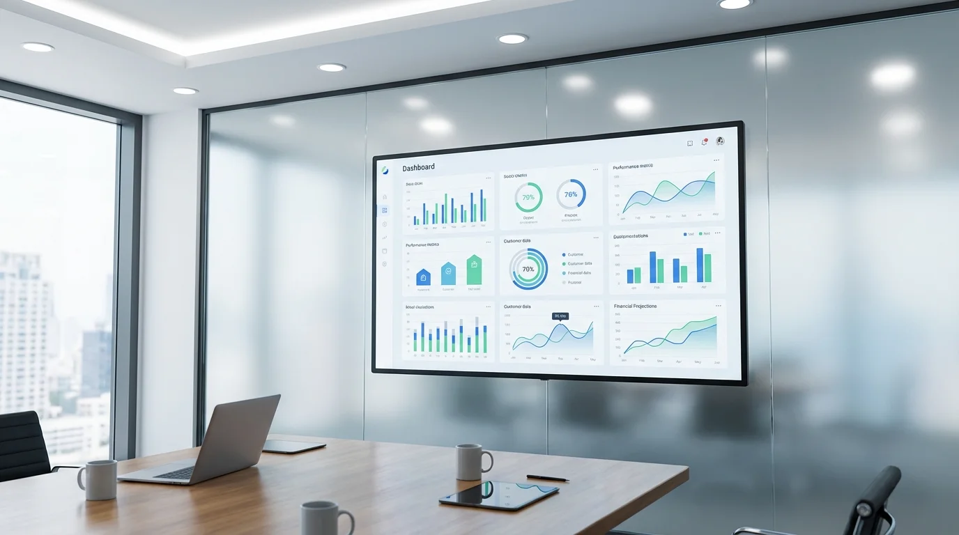 A sophisticated dashboard displaying marketing performance metrics, customer acquisition costs, and lifetime value projections. Logical and data-driven management visualization.