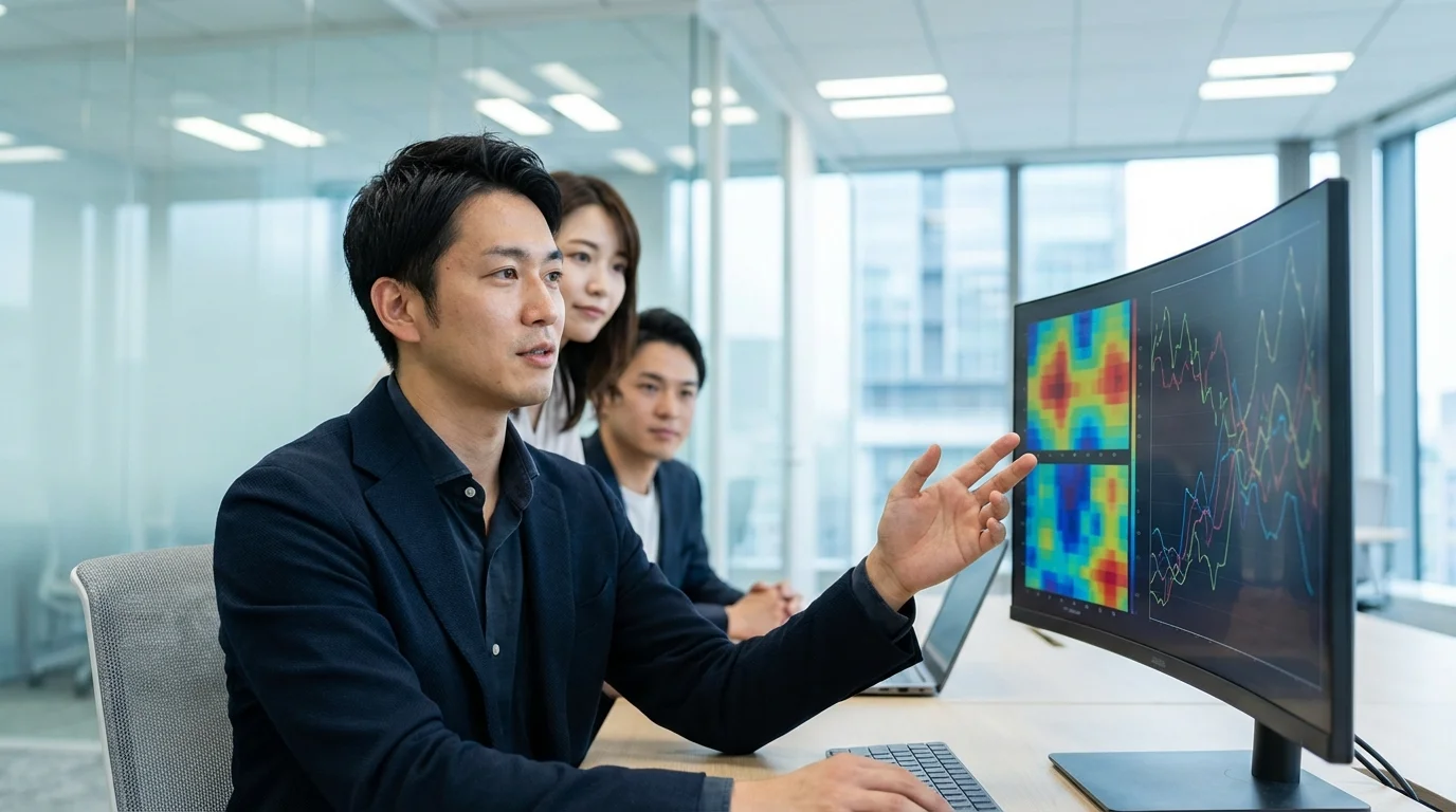 A team of data analysts analyzing complex heatmaps and predictive line graphs on large monitors in a modern office environment. No text, logos, or brand marks.