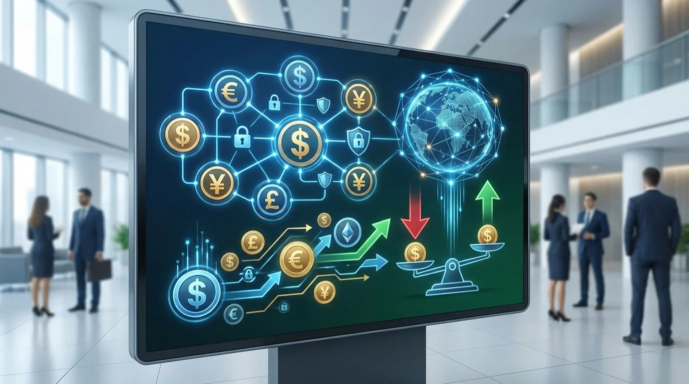 A business-oriented visualization of international payment processing, featuring abstract currency icons, secure transaction symbols, and global financial connectivity icons without any logos or text.