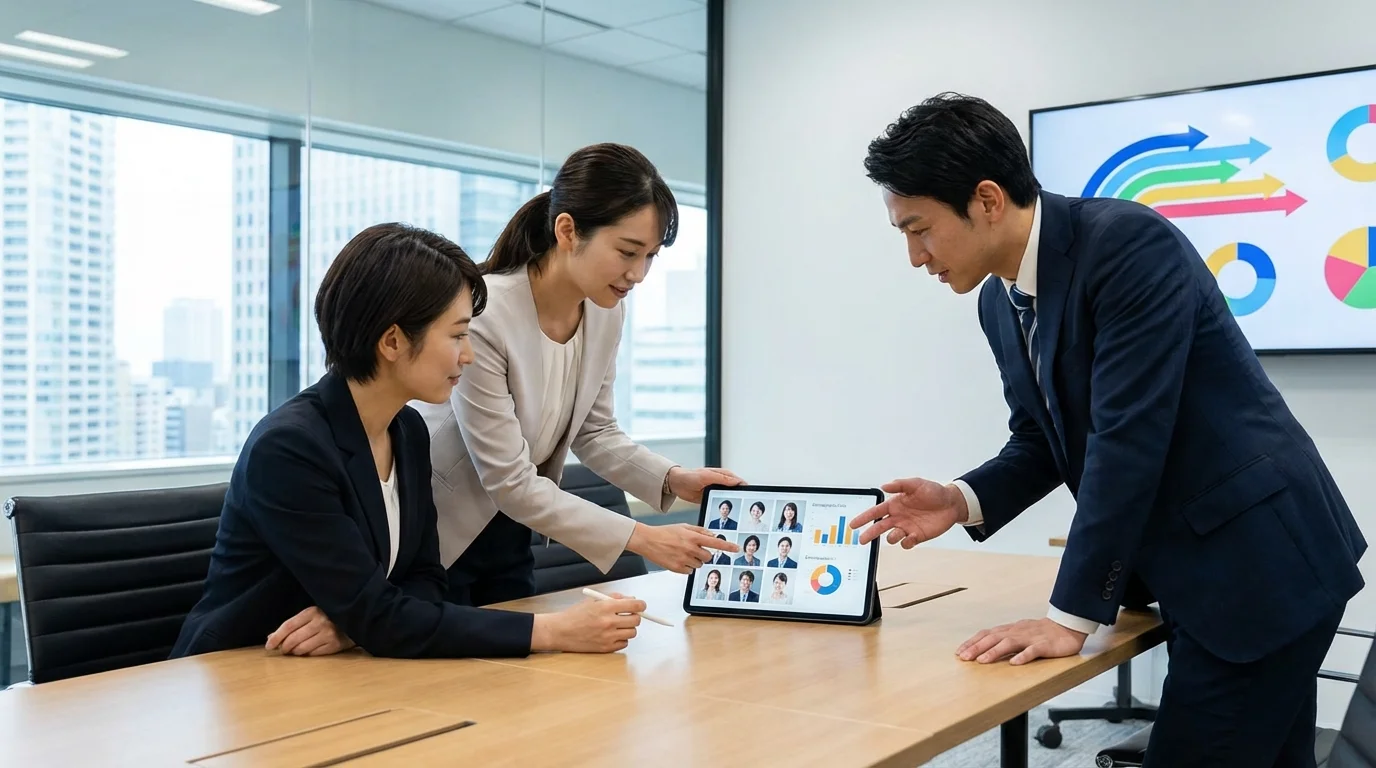 Professional business meeting environment where experts discuss consumer behavior data and strategy blueprints on displays and tablets in a modern office. No logos or text.