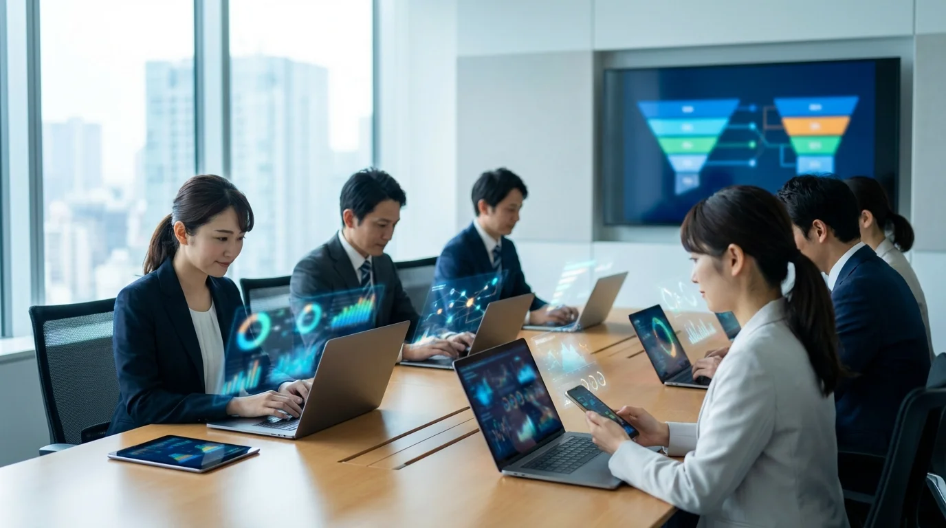 Professional marketing strategy environment, showing multiple smart devices with abstract UI elements and conversion funnel charts, soft lighting, business focus, no text.