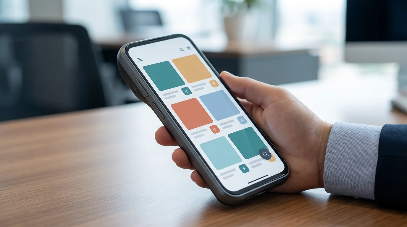 Professional handheld device displaying a seamless shopping interface with interactive product elements.