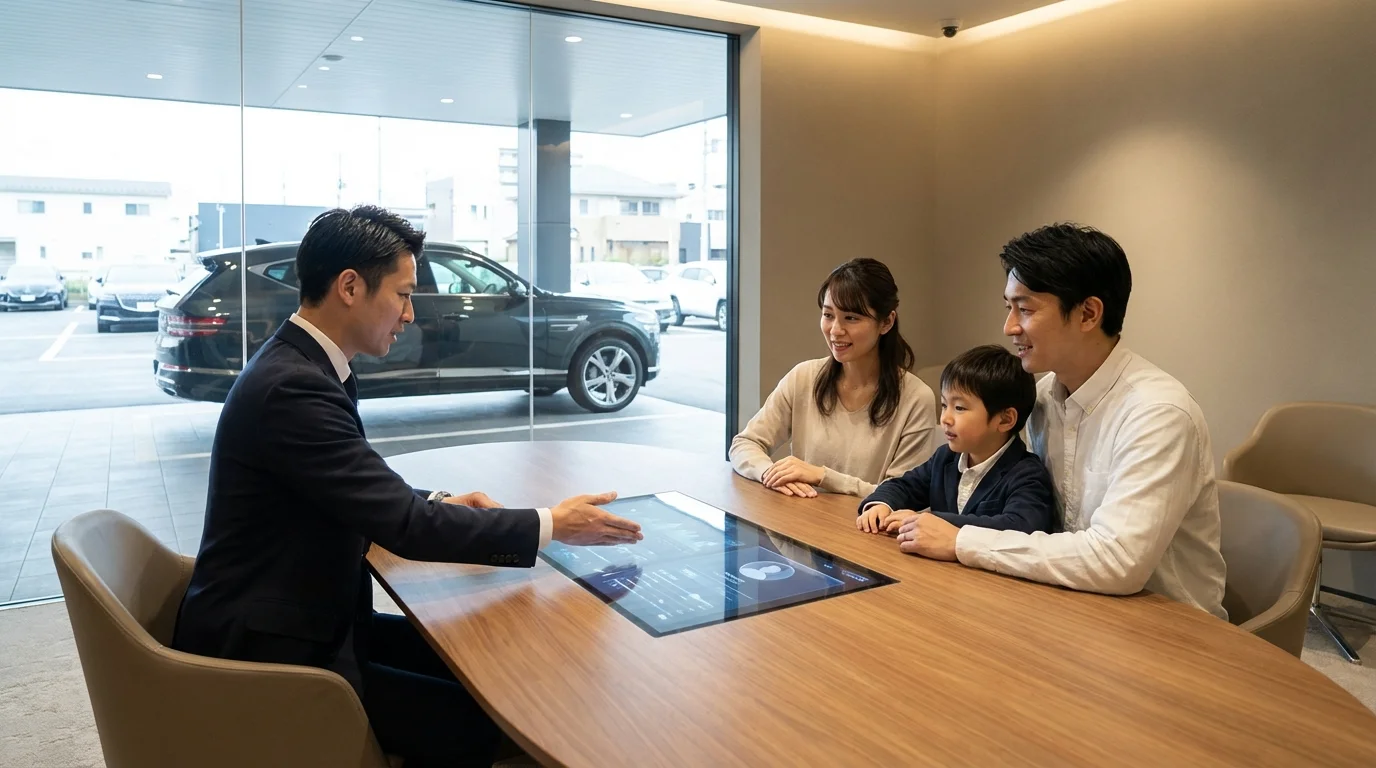 A professional consultation scene where digital insights from a customer profile are seamlessly integrated into a face-to-face business meeting, showcasing high-end service delivery.