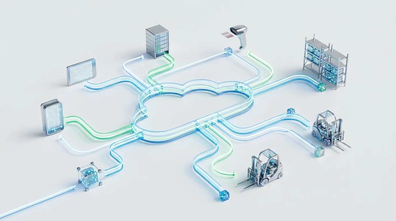 An abstract representation of cloud computing and API integration connecting various databases and retail hardware to ensure a single source of truth for logistics and supply chain management.