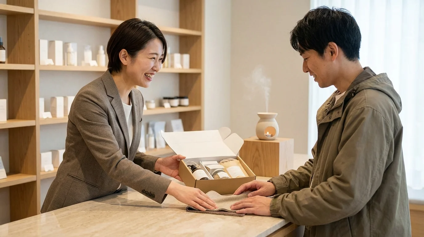 A professional retail consultant engaging with a customer in a modern D2C boutique setting, emphasizing the human connection and personalized service in a digital-first business model.