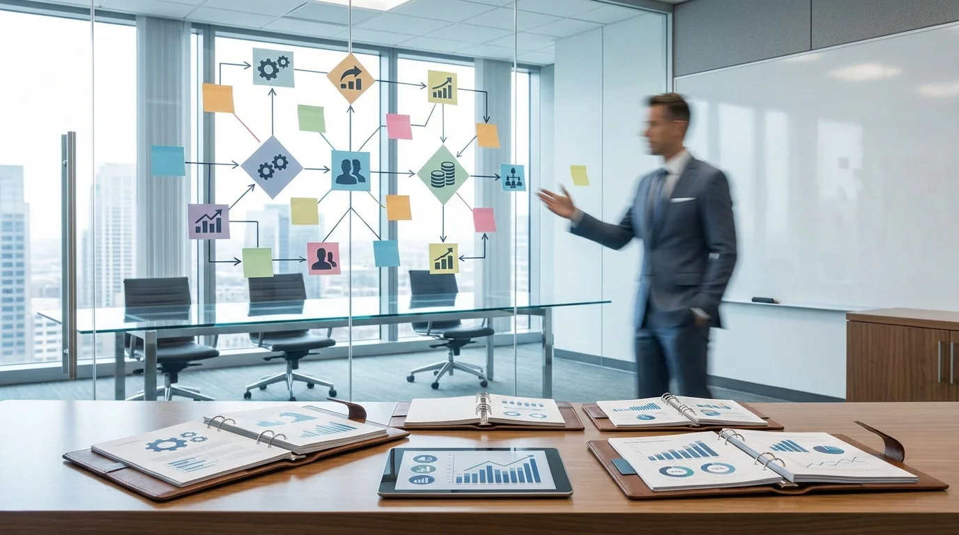 Strategic workspace showing organized documents and visual mapping techniques on a glass surface, representing high-level business logic and resource allocation workflows.