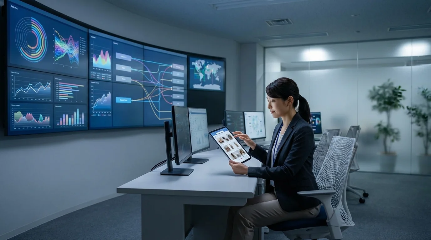 Professional strategic marketing control center with multiple displays showing cross-platform campaign synchronization and consumer behavior analysis.