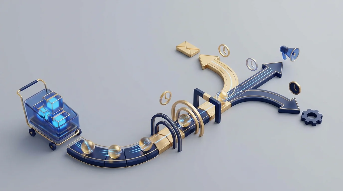 An abstract 3D visualization of a marketing automation workflow. Spheres representing customer segments moving through a logical filter system and branching into different communication paths. Corporate navy and gold color palette, no text.