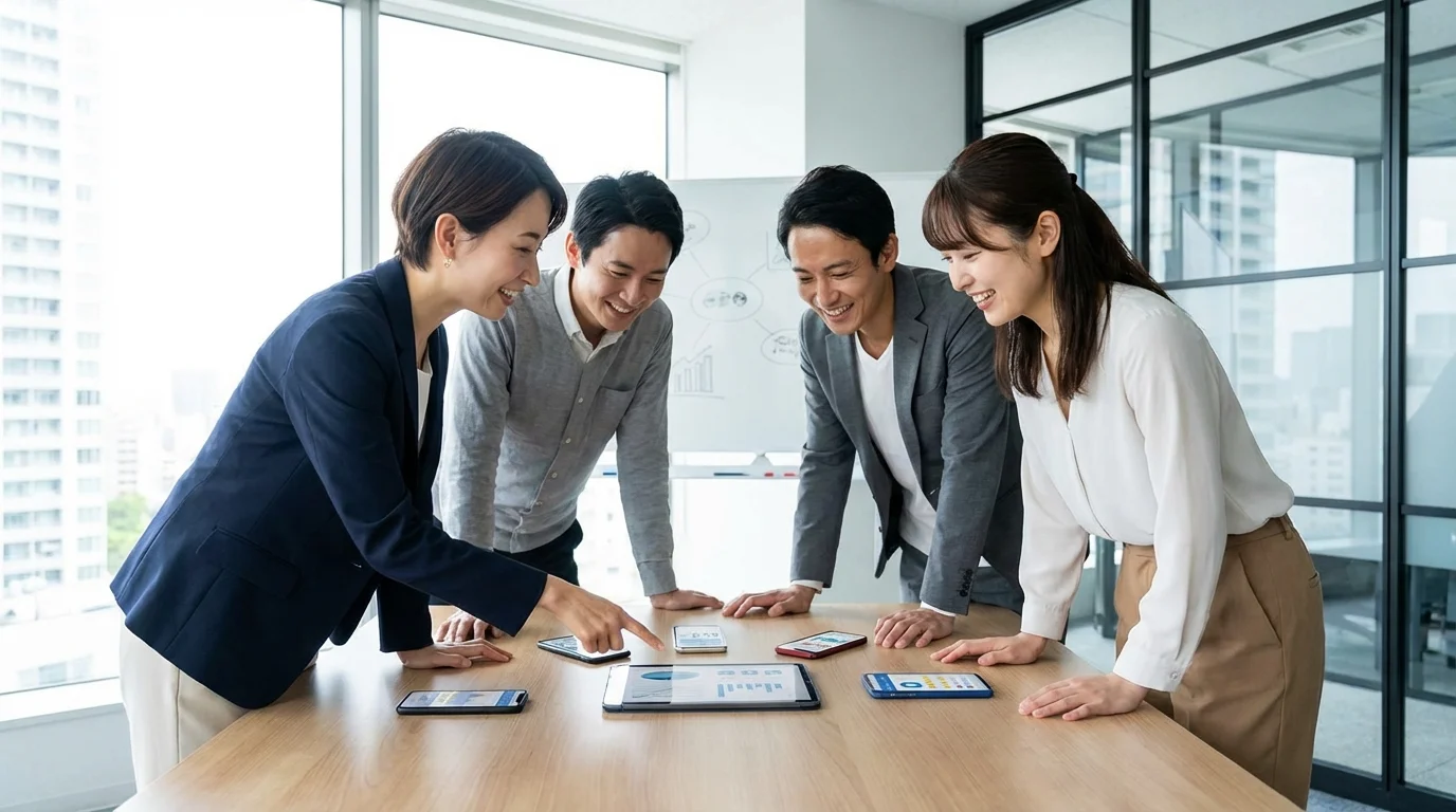 High-tech workspace featuring mobile devices displaying social media interaction and customer reviews on a clean interface, emphasizing the cross-channel marketing strategy, no text, no logos.