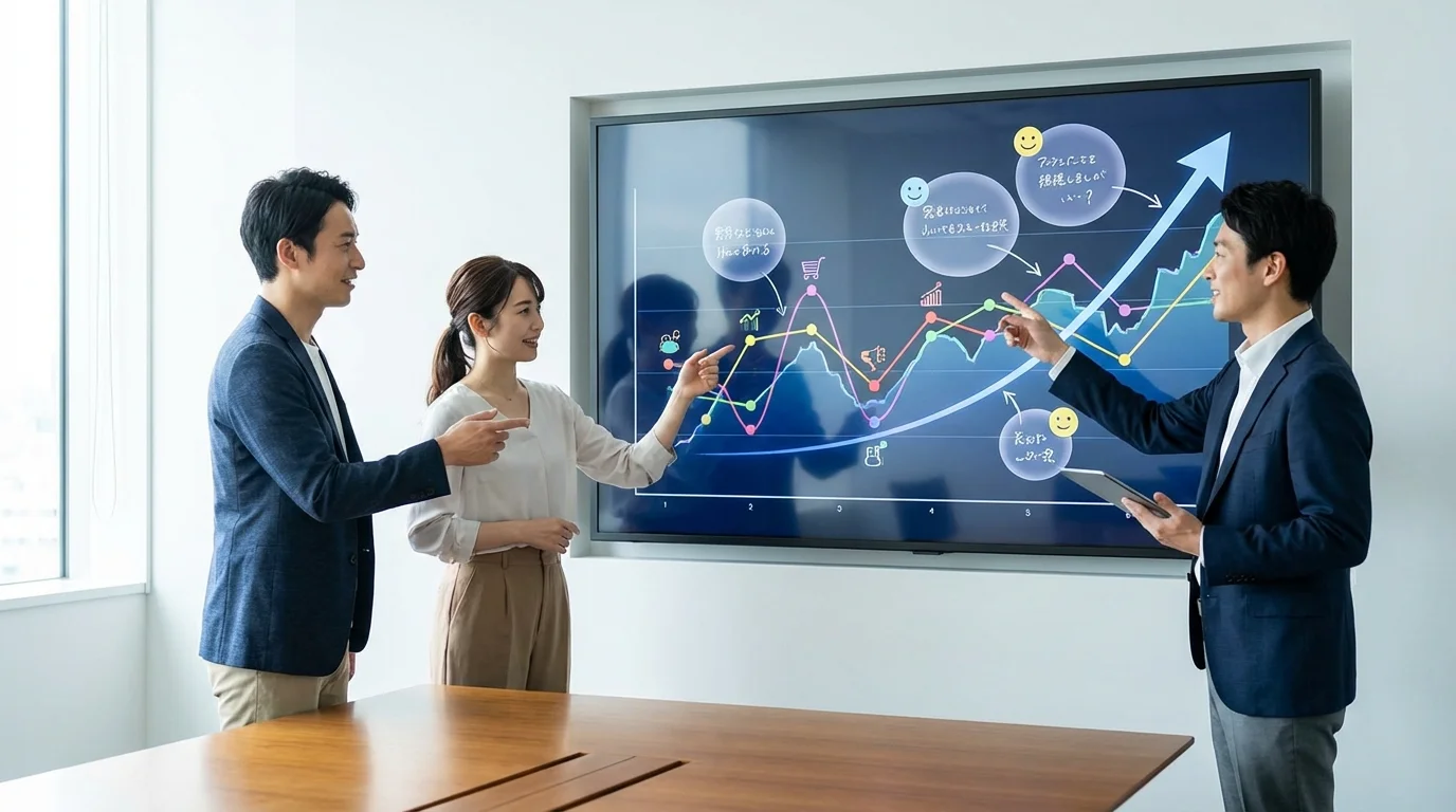 A professional data scientist or CRM manager analyzing complex customer journey maps on a large screen. The visual highlights the process of integrating qualitative survey data into quantitative performance metrics to visualize LTV growth trends.