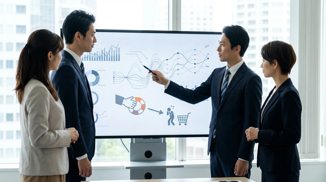 Business professionals analyzing complex data charts on a screen showing the correlation between personalized customer incentives and the reduction of cart abandonment rates in an e-commerce environment.