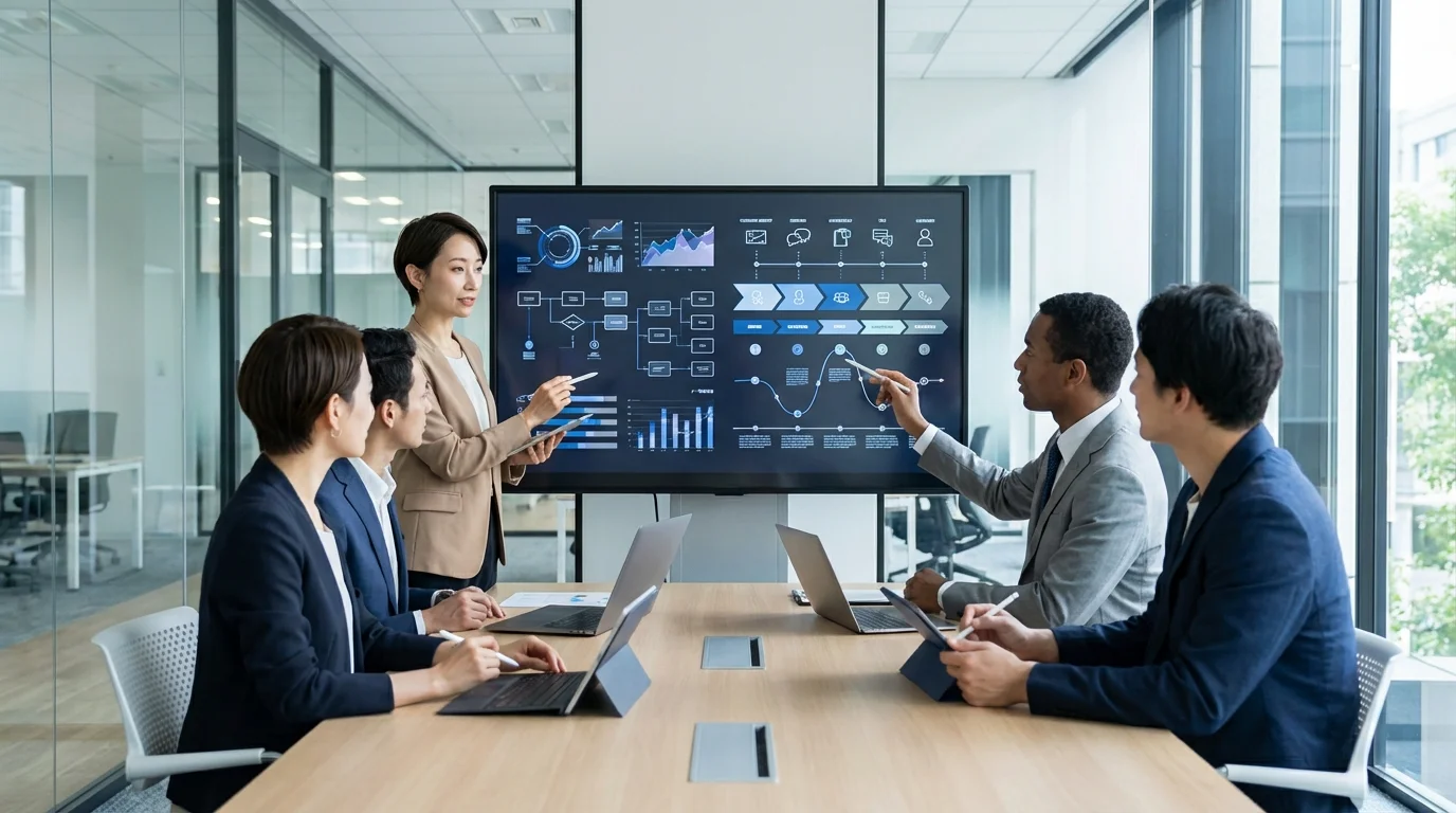 Modern collaborative workspace with professional specialists analyzing digital customer journey maps on a large screen, focused on cross-channel integration and data optimization.