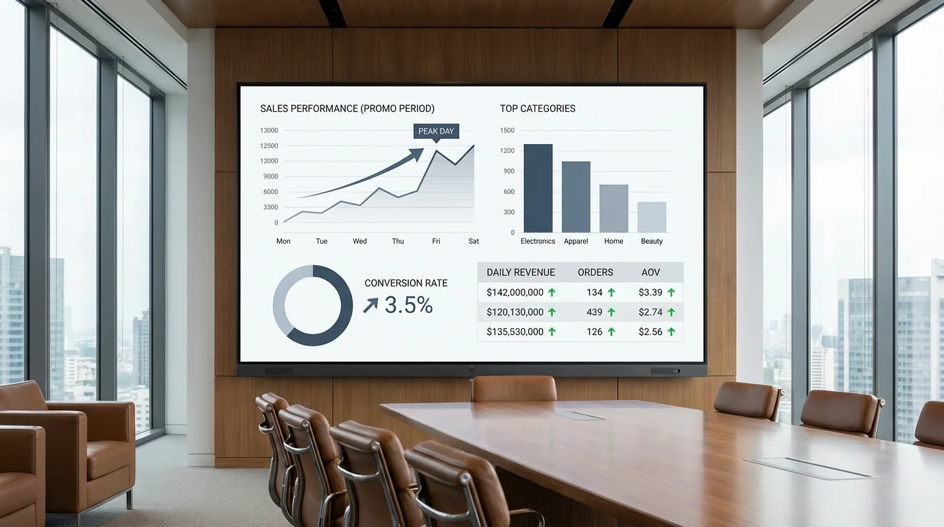 A professional business dashboard showing e-commerce analytics, conversion rate metrics, and sales performance data during a promotional period on a major marketplace.
