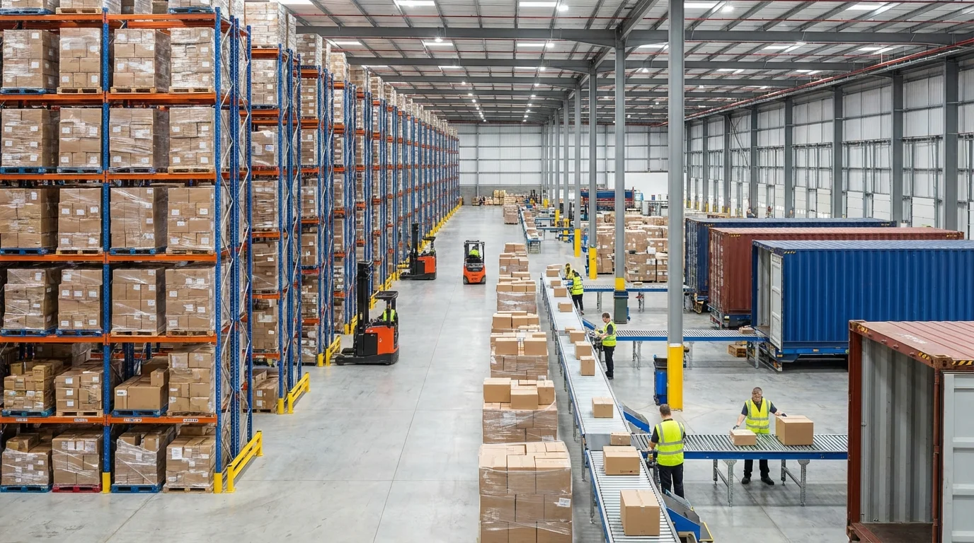 Large scale warehouse logistics and distribution center operations showing organized inventory pallets and shipping preparations for major e-commerce fulfillment.