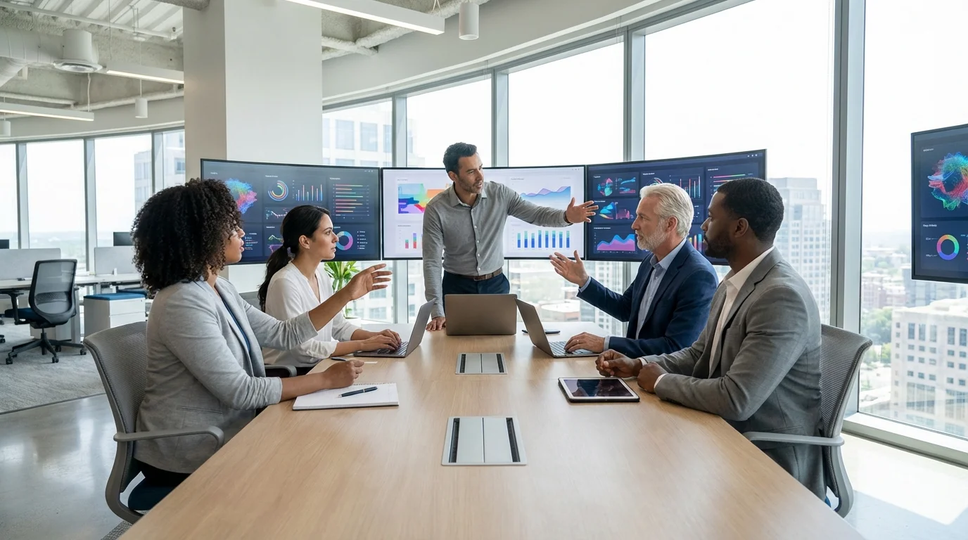 A professional team of analysts and marketing strategists working together in a modern workspace, viewing large scale datasets on multiple monitors to optimize e-commerce performance.